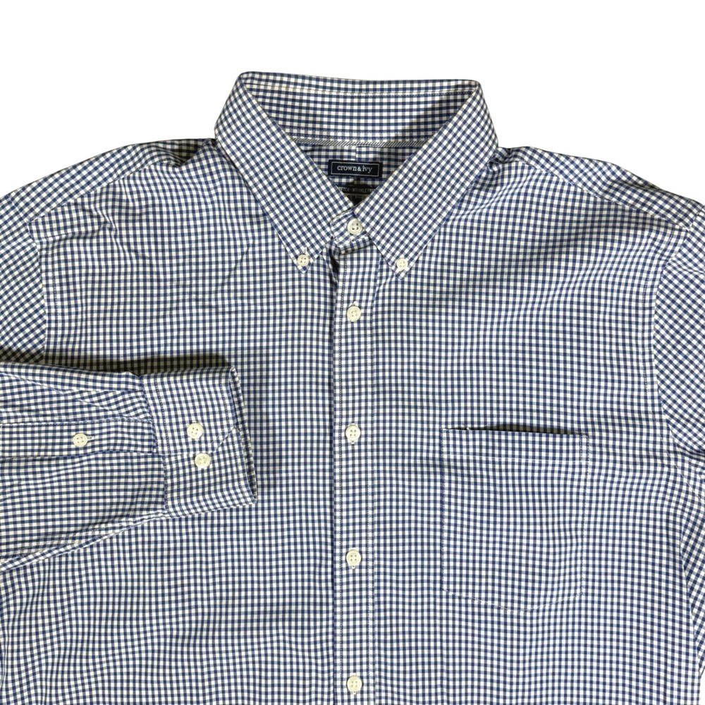 Crown & Ivy Gingham Button Down Mens L Blue White Preppy Coastal Business Casual